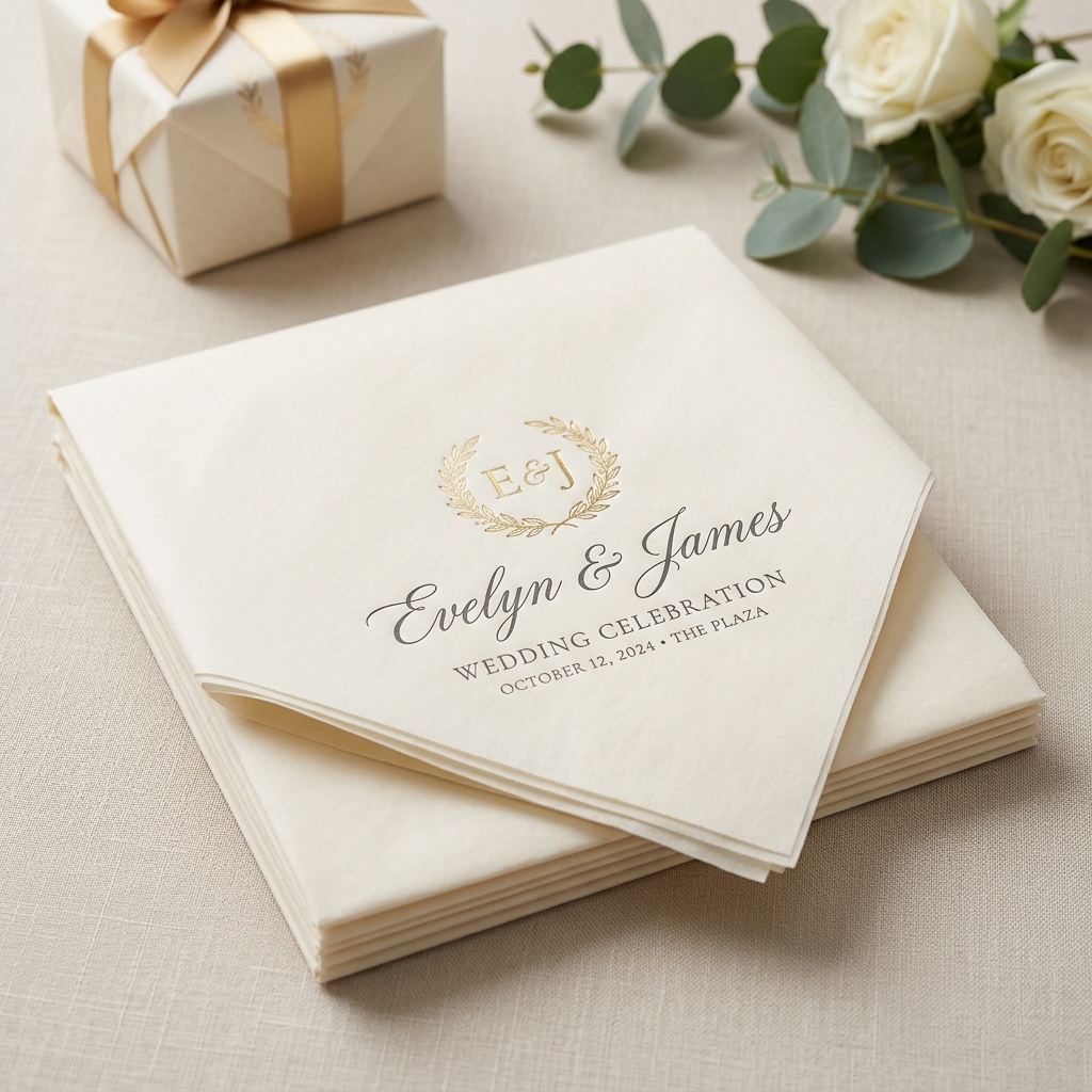Stack of personalized wedding tissue paper with custom gold logo and floral pattern - 1